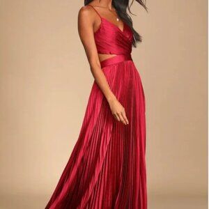LULUS Got the Glam Wine Red Pleated Cutout Maxi Dress NWOT